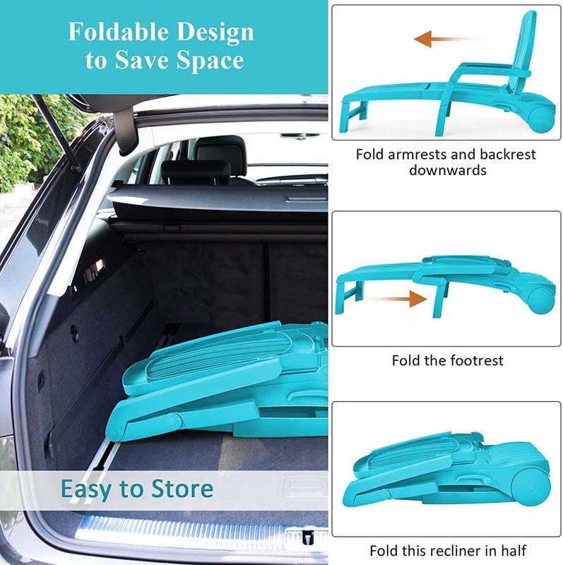 Weatherproof Folding Sun Lounger With Wheels 6 Position Plastic Outdoor Chaise Lounge Chair For Pool Beach Lawn - Comfortable And Ergonomic Design