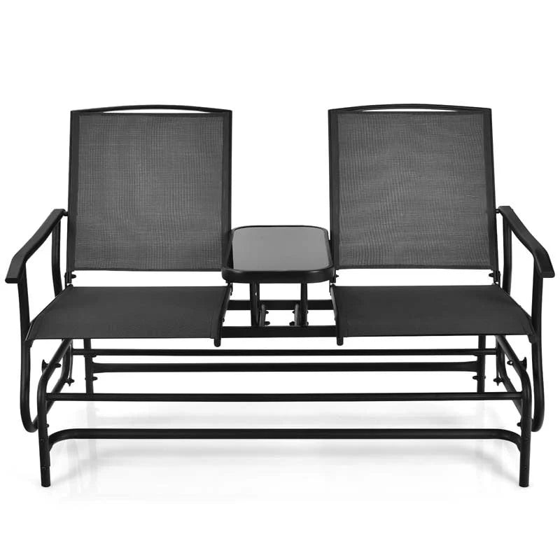 2 Person Outdoor Bench Glider Chair With Center Table Mesh Fabric Rocking Loveseat For Patio - Comfortable And Ergonomic Design