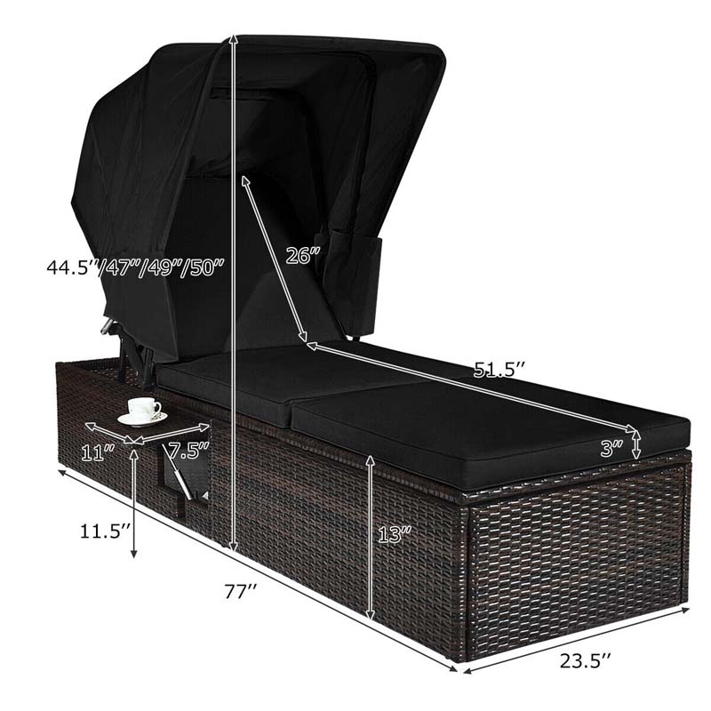 Cushioned Rattan Outdoor Chaise Lounge Chair Sun Lounger 5 Position With Folding Canopy Amp Flip Up Tea Table - Comfortable And Ergonomic Design
