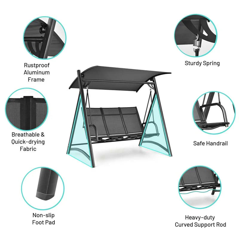 3 Person Anti Rust Aluminum Outdoor Patio Porch Swing Chair Bench Glider With Adjustable Canopy - Comfortable And Ergonomic Design