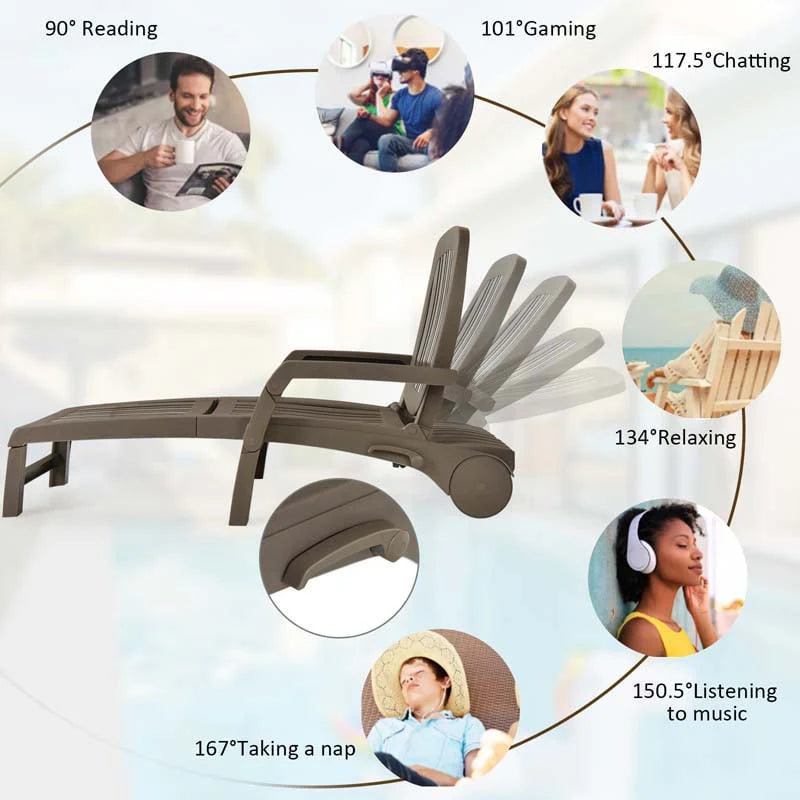 Weatherproof Folding Sun Lounger With Wheels 6 Position Plastic Outdoor Chaise Lounge Chair For Pool Beach Lawn - Comfortable And Ergonomic Design