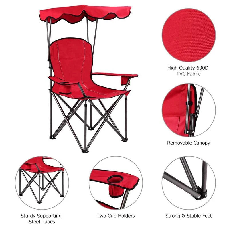 Outdoor Canopy Chair Portable Folding Beach Chair With 2 Cup Holders 600D Pvc Fabric Camping Chair Lawn Chair - Comfortable And Ergonomic Design