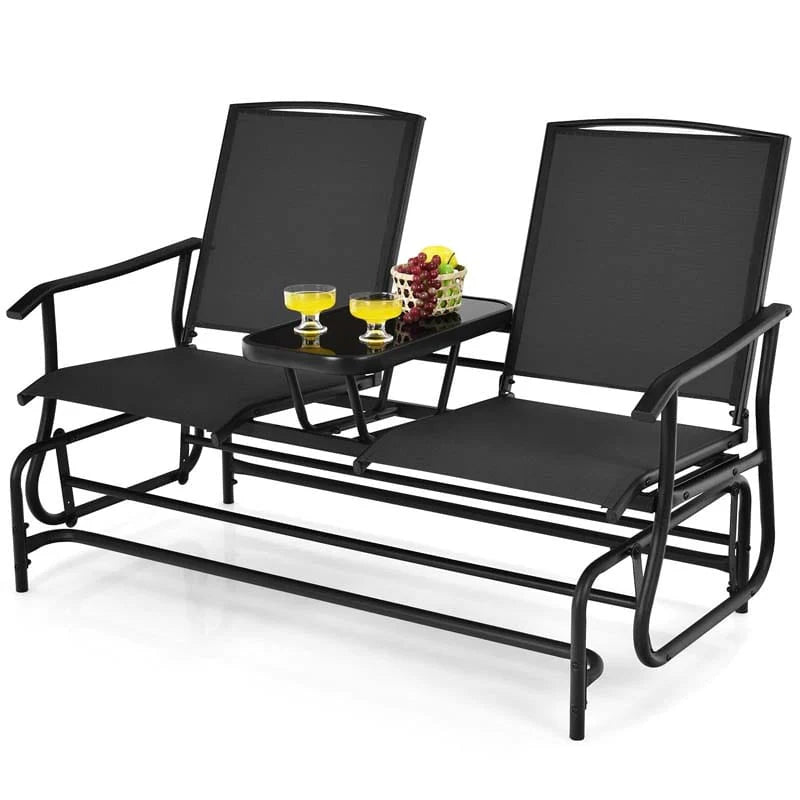 2 Person Outdoor Bench Glider Chair With Center Table Mesh Fabric Rocking Loveseat For Patio - Comfortable And Ergonomic Design