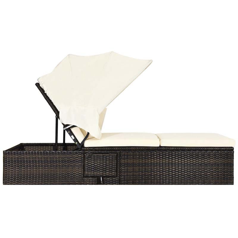 Cushioned Rattan Outdoor Chaise Lounge Chair Sun Lounger 5 Position With Folding Canopy Amp Flip Up Tea Table - Comfortable And Ergonomic Design