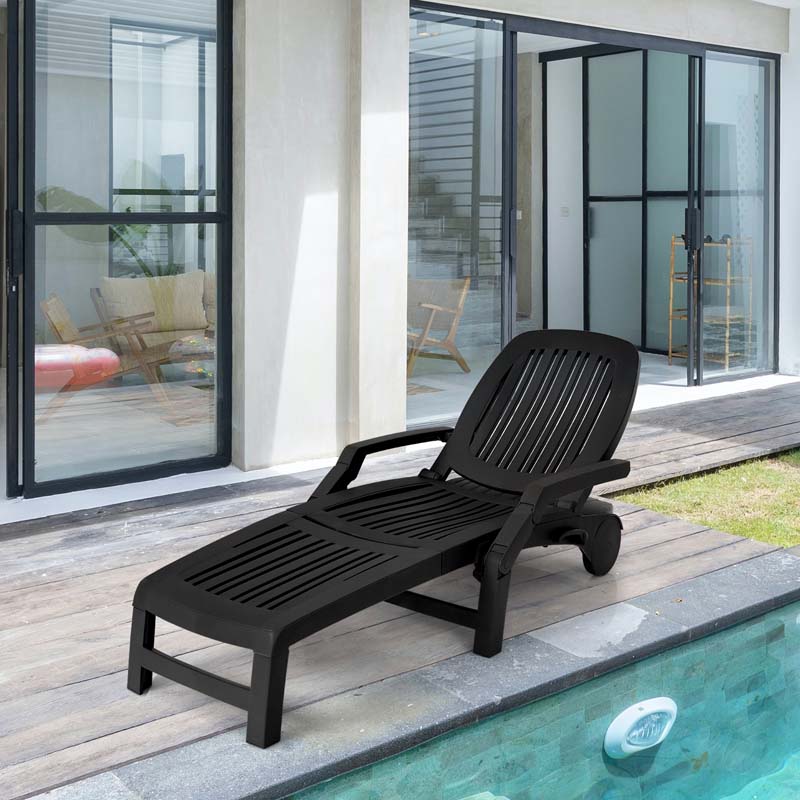 Weatherproof Folding Sun Lounger With Wheels 6 Position Plastic Outdoor Chaise Lounge Chair For Pool Beach Lawn - Comfortable And Ergonomic Design