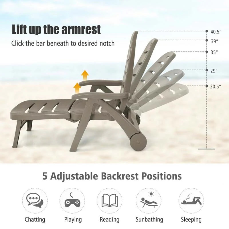 Rolling Folding Plastic Pool Lounge Chair With Armrests 5 Position Outdoor Sun Lounger Patio Deck Chair Beach Chair - Comfortable And Ergonomic Design
