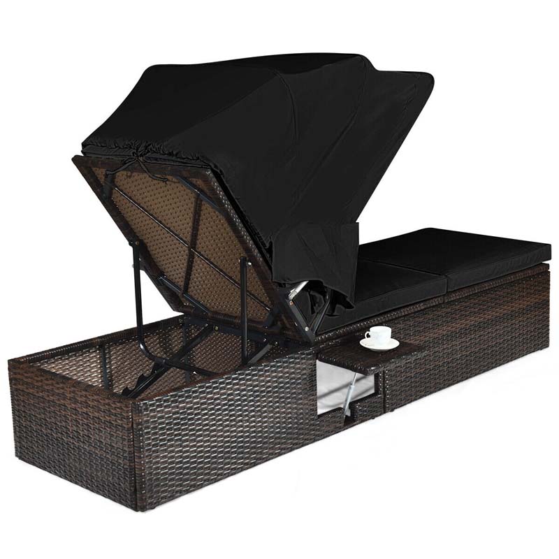 Cushioned Rattan Outdoor Chaise Lounge Chair Sun Lounger 5 Position With Folding Canopy Amp Flip Up Tea Table - Comfortable And Ergonomic Design