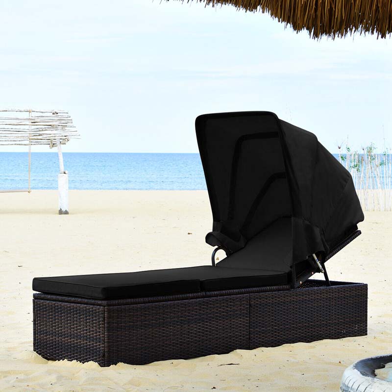 Cushioned Rattan Outdoor Chaise Lounge Chair Sun Lounger 5 Position With Folding Canopy Amp Flip Up Tea Table - Comfortable And Ergonomic Design