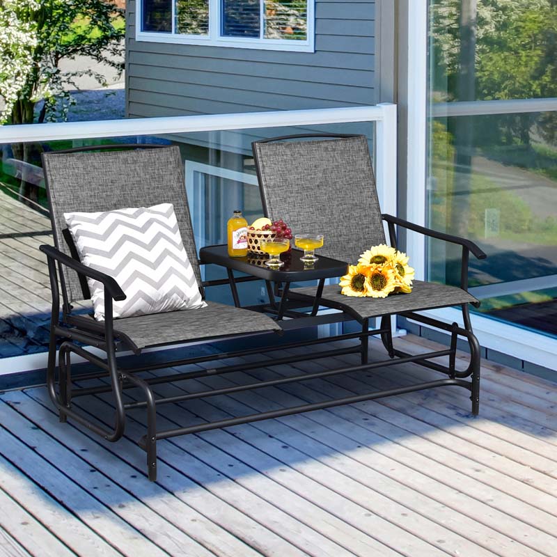 2 Person Outdoor Bench Glider Chair With Center Table Mesh Fabric Rocking Loveseat For Patio - Comfortable And Ergonomic Design