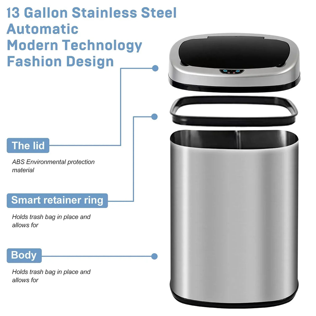 Bigacc 13 Gallon 50 Liter Kitchen Trash Can with Touch-Free & Motion Sensor, Automatic Stainless-Steel Garbage Can, Anti-Fingerprint Mute Designed Trash Bin Brushed Stainless Steel