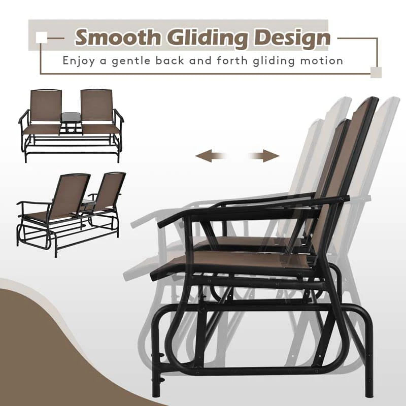 2 Person Outdoor Bench Glider Chair With Center Table Mesh Fabric Rocking Loveseat For Patio - Comfortable And Ergonomic Design