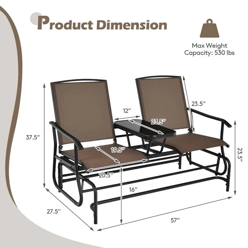 2 Person Outdoor Bench Glider Chair With Center Table Mesh Fabric Rocking Loveseat For Patio - Comfortable And Ergonomic Design